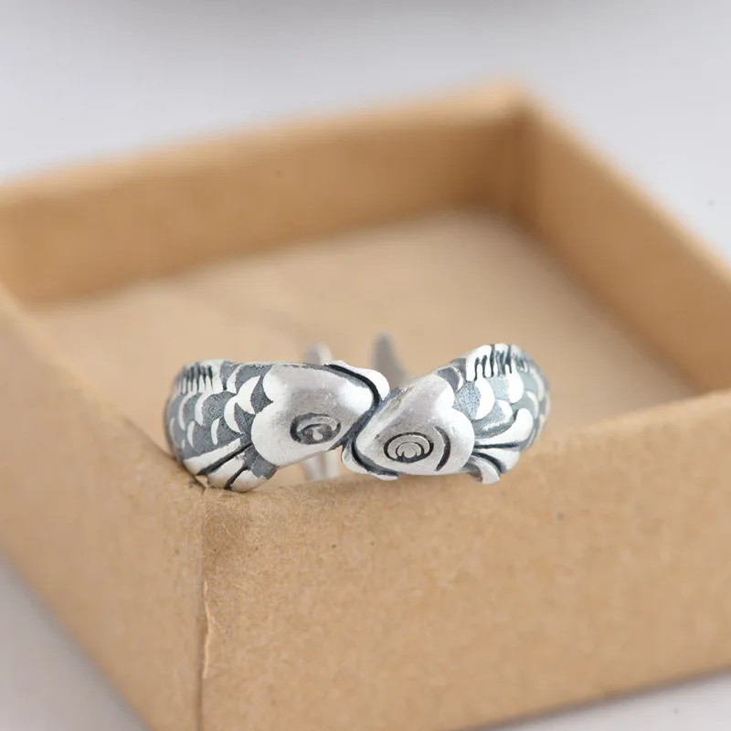 Retro Thai silver 925 sterling silver small goldfish Double fish ring 2022 new versatile girl favorite