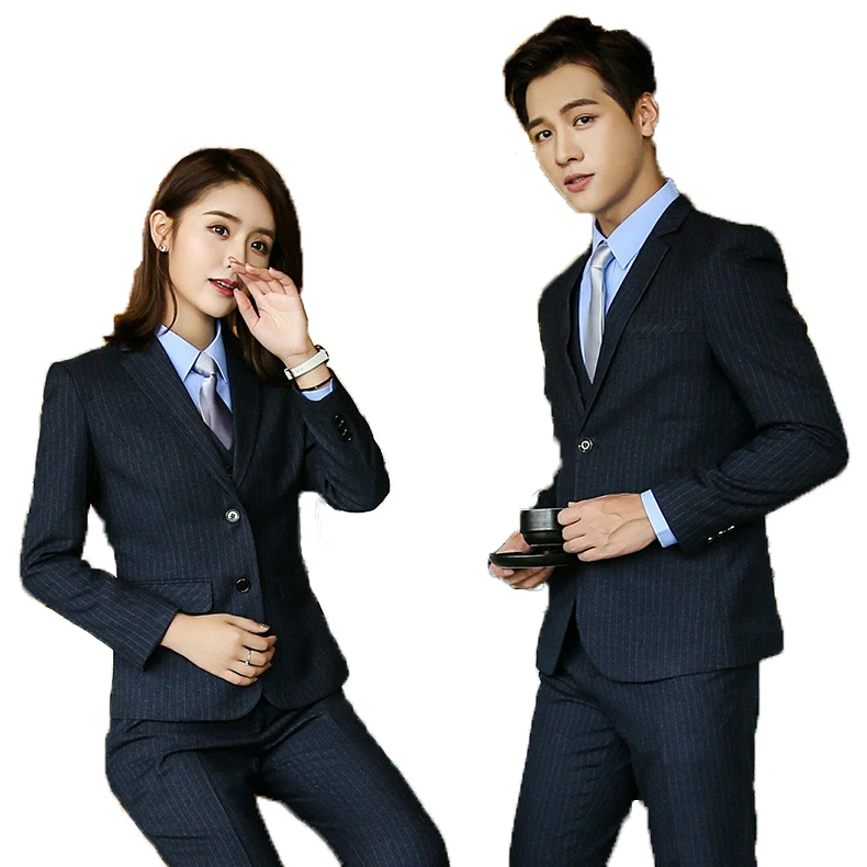 3 Piece Latest Style Women and Men Suit Design Business Stripe Slim Fit Women and Men Suit