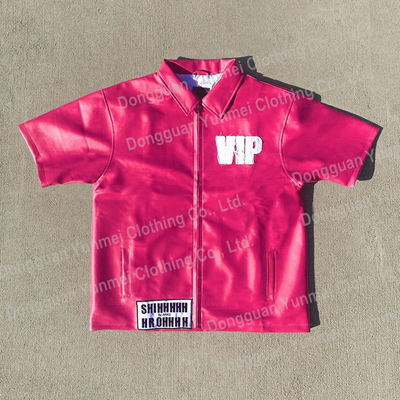 Clothing Manufacturer Custom Streetwear Leather Zip up Shirt Applique Stitch Patches Embroidery Pu Leather Shirts Jacket for Men
