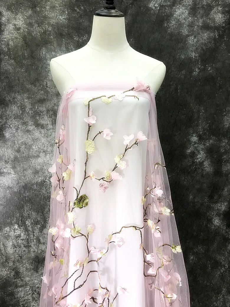 Black pink bright red three-dimensional chiffon flowers plum blossom birds embroidered mesh gauze material fabric gift clothing