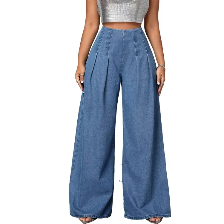 Custom Luxury Quality High Waist Casual Loose Blue Sexy Women Jeans Fashion Maxi Wide Leg Denim Pants