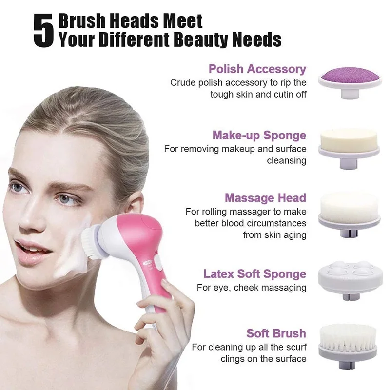 Newest 2021 Professional Deep Clean Removing Blackhead 5 Brush Heads Waterproof Face Spin Brush Silicone Facial Cleansing Brush