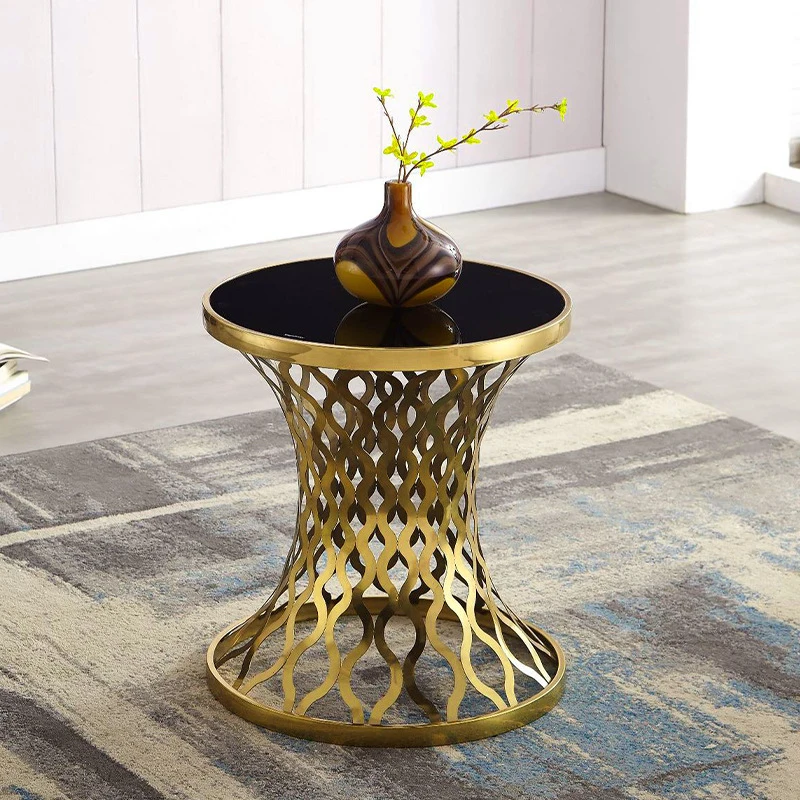 Custom metal pedestal round hotel modern bedroom living room black gold marble top side table