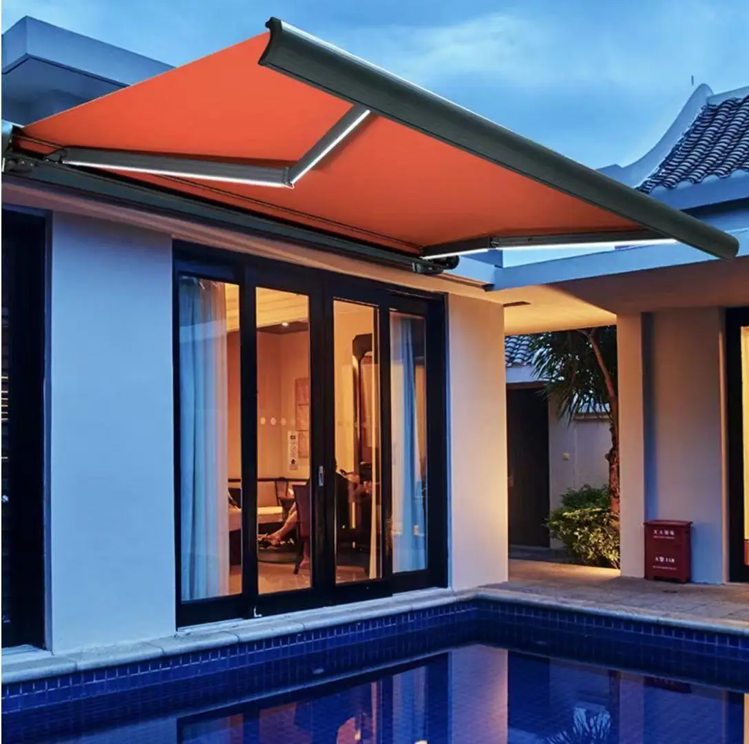 Factory Wholesale Motorized Waterproof durable outdoor awning with LED Lighting Retractable Awning retractable roof pergola