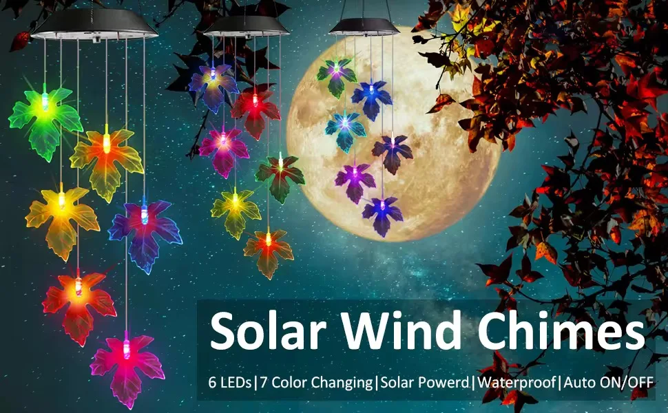 LED Mobile Solar Wind Chimes Color-Changing Maple Leaf Design Made of Durable Plastic