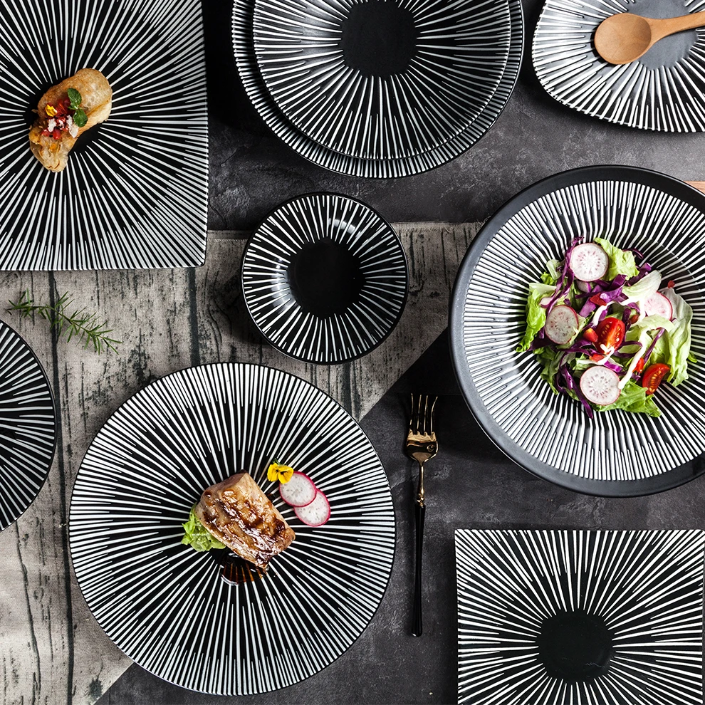 High Quality Ceramic Black With White Rim Dinner Sets Catering Porcelain Matte Plate Sets For Commercial Kitchens