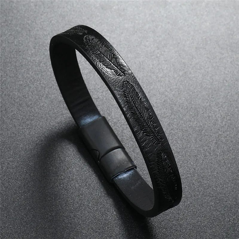 wholesale men jewelry magnetic clasp leather bracelet for men engraving leaf