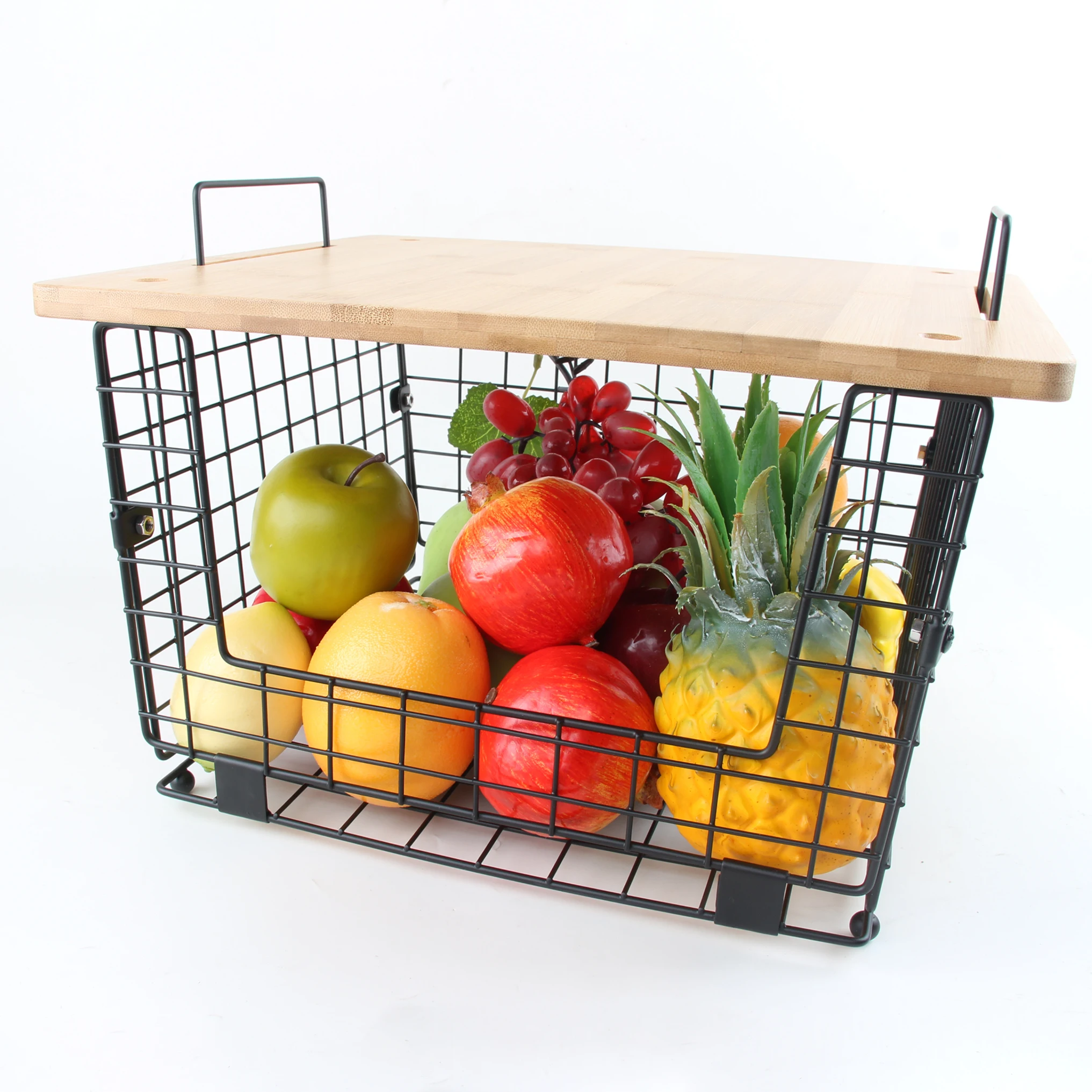 High Quality Bamboo Wood Lid Stackable Metal Wire Baskets Foldable Countertop Fruit Vegetable Storage Baskets