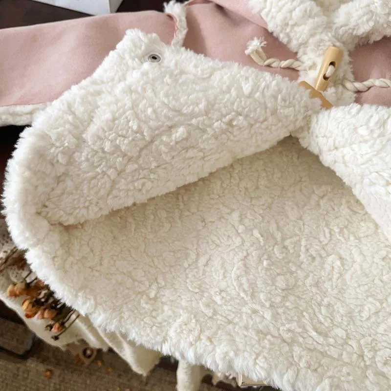 80-130cm Winter Kids Fur Coat Suede Fabric Plush Thickened Cardigan Horn Buttons Kids Wholesale Clothing Pink kids Winter Coat