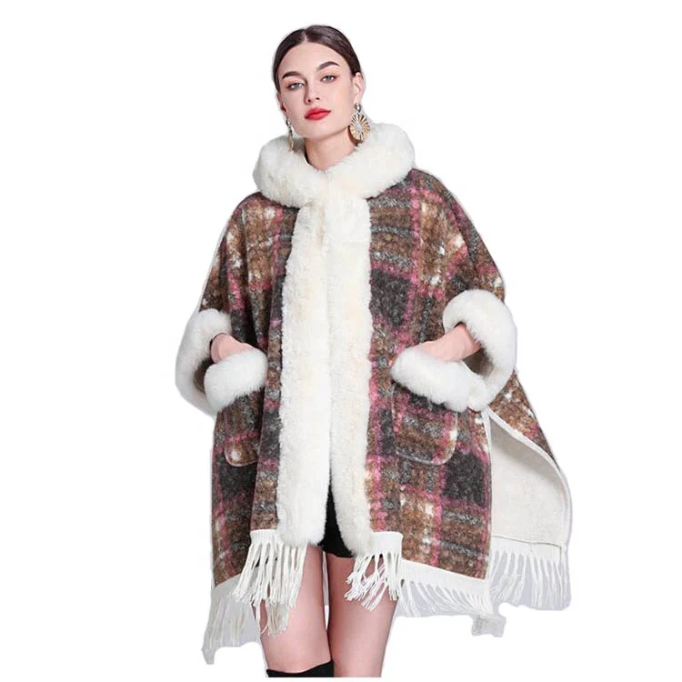 Fashion ladies faux fur plaid thickened warm hooded tassels shawls and poncho for women winter