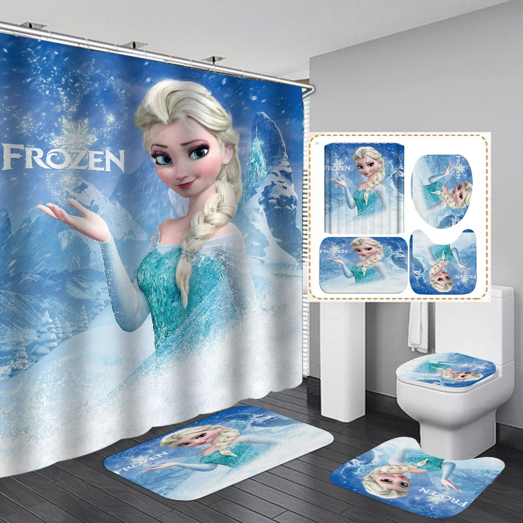 Custom cartoon Frozen Elsa polyester shower curtain set designers waterproof bathroom shower curtains