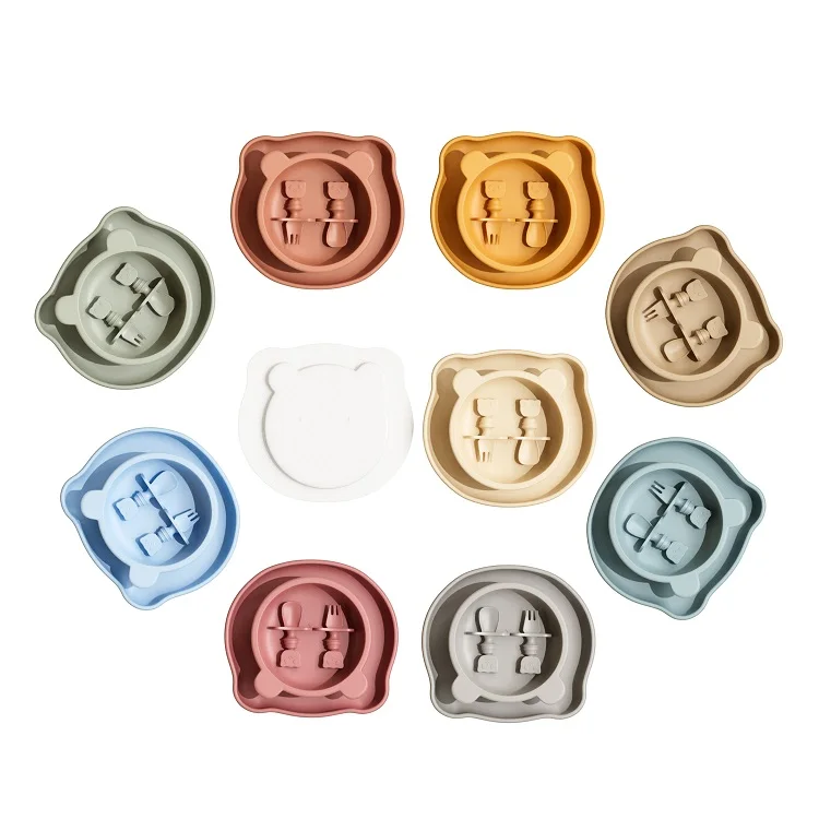 Phthalate Free Cartoon Dinnerware Set Animal Silica Gel Baby Spoon Fork Suction Bowl Plate Silicone Feeing Set With Lids Cover