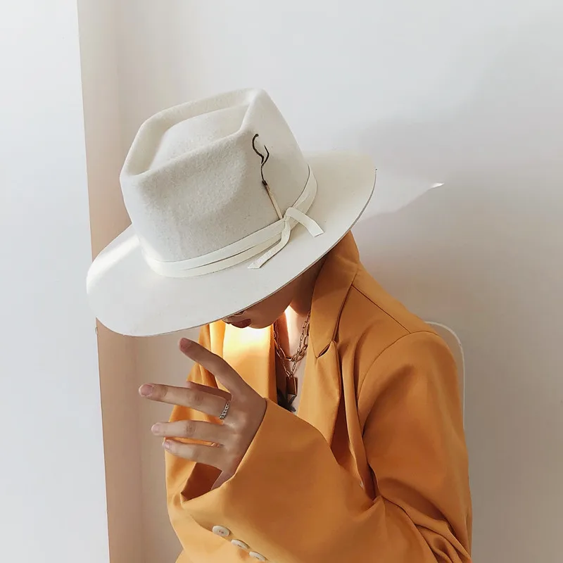 Women Wide Brim Fedora Hat 100% Australian Wool Crushable Dress Trilby Jazz Hat With Square Top