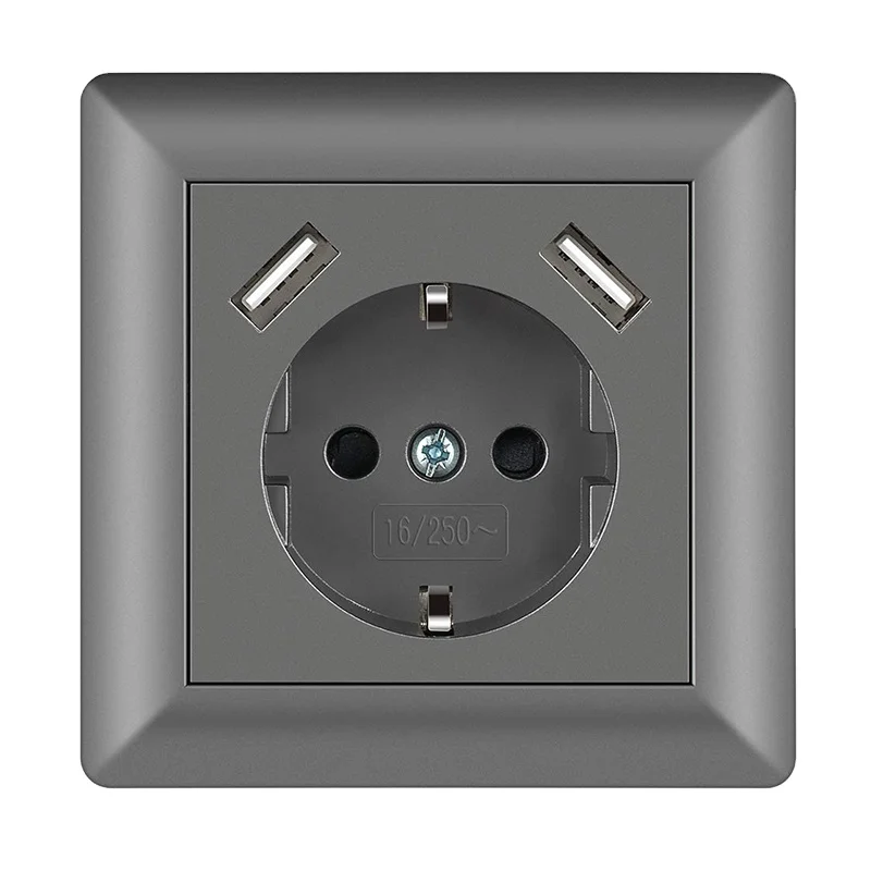 Factory Price Dual USBA German Wall Socket 3.4A 55*55mm Cover Style 16A EU USB Wall Schuko Socket For Home Furniture