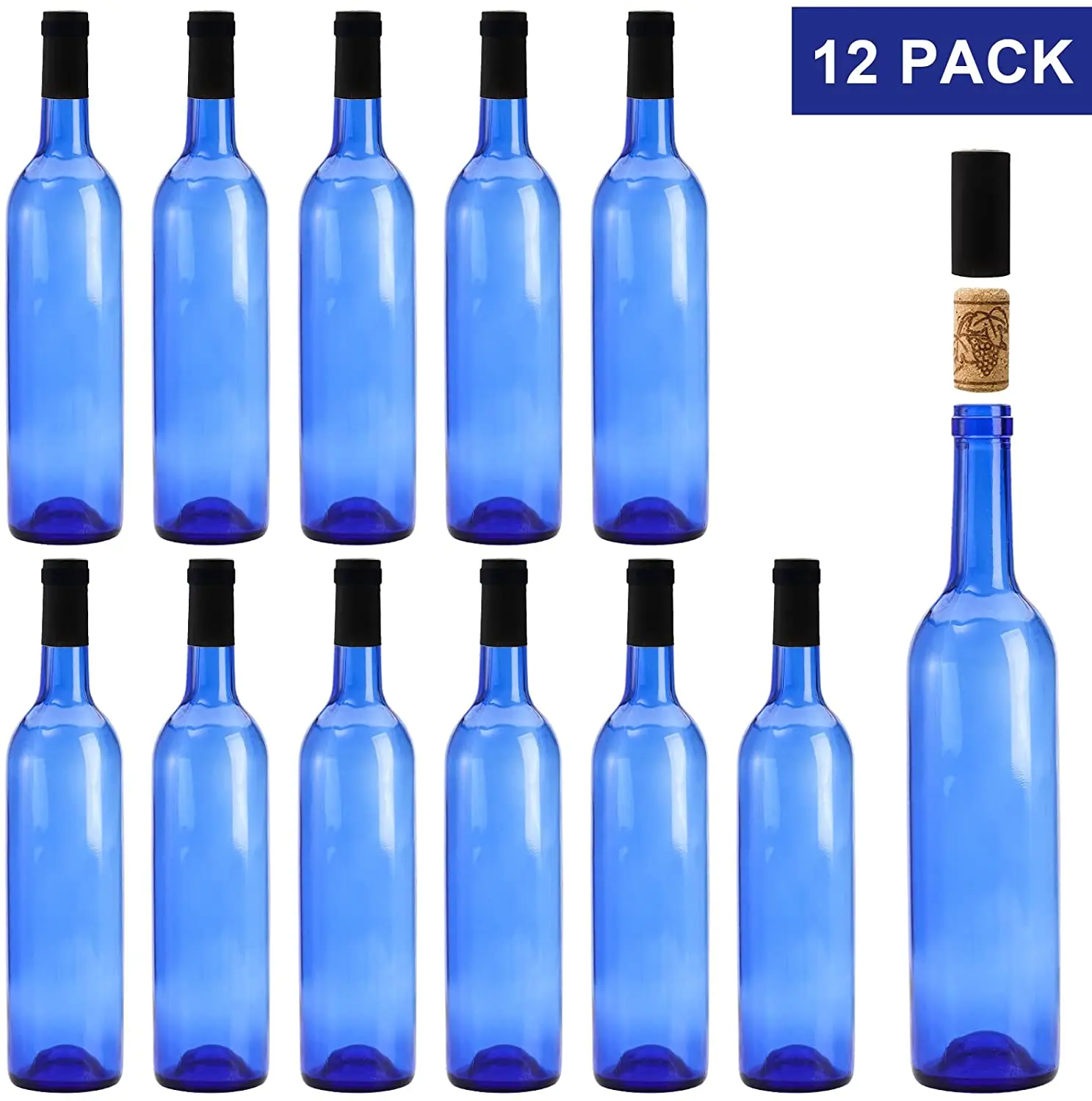 750ml Glass Empty Bottles Cobalt Blue Bottles with Corks and PVC Shrink Capsules Flat-Bottomed Empty Bottles for Beverage Drink