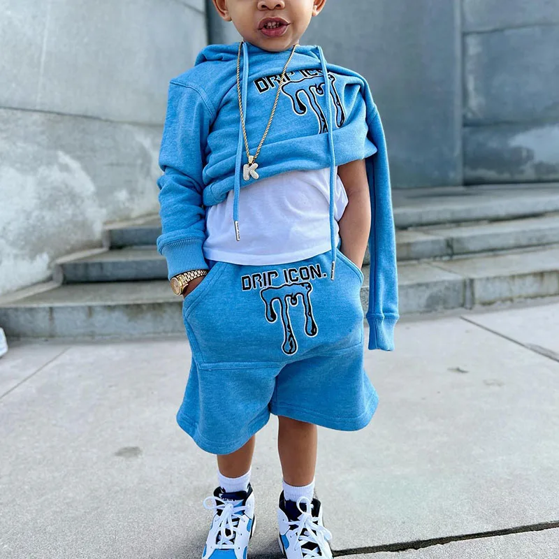 Custom Logo Boys Clothing Set 100% Cotton Casual Kids Pullover Hoodie Jogging Suit Tracktop Shorts 2 Piece Short Set Streetwear