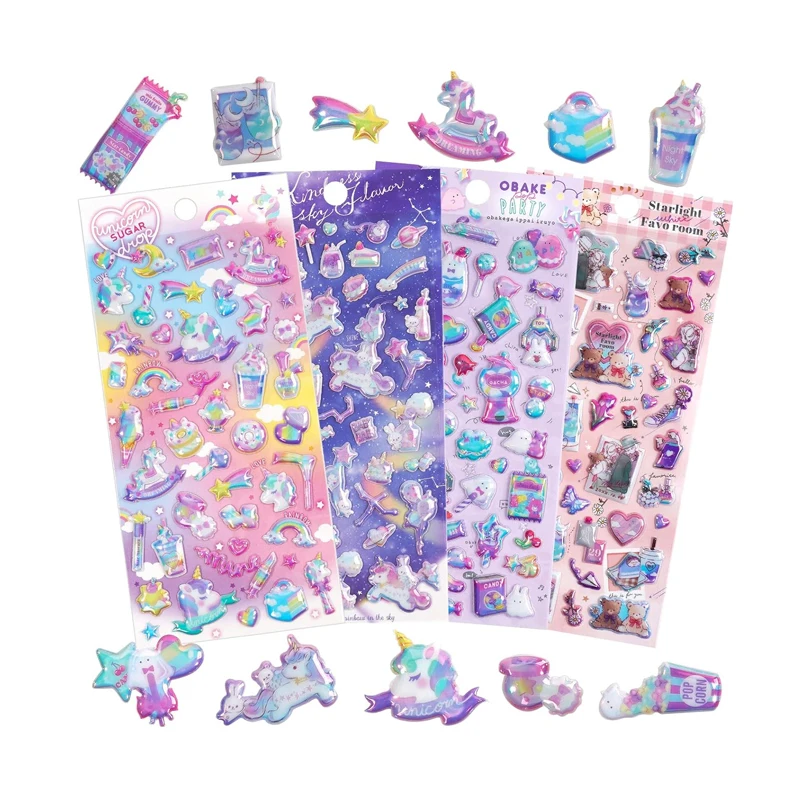 Customized wholesale Best Selling Fluffy Cartoon Stickers Kids Cute Unicorns Rainbowt Colorful Stickers 3D Bubble Stickers