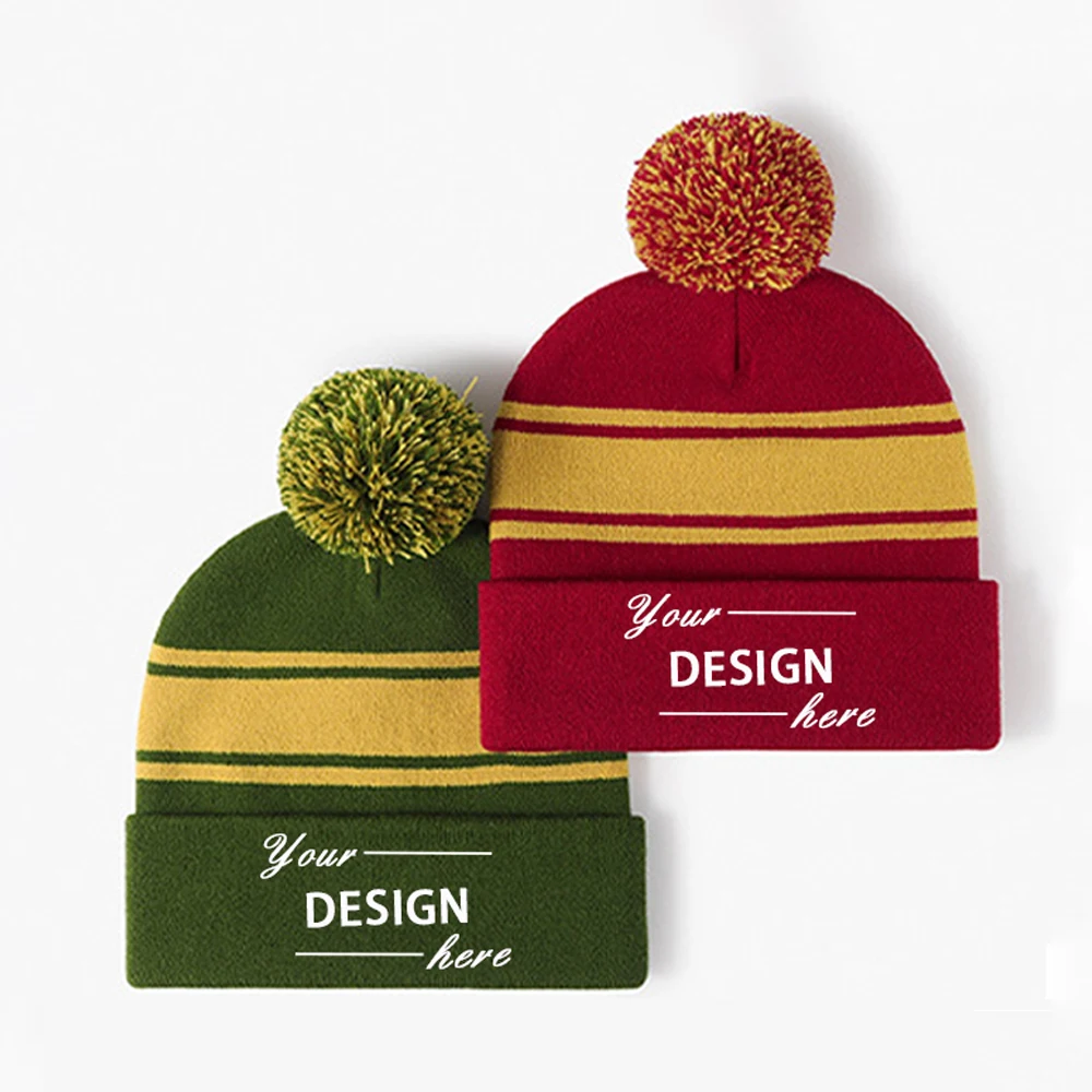 Ready to ship team sport acrylic cuff striped pom pom beanies with custom logo