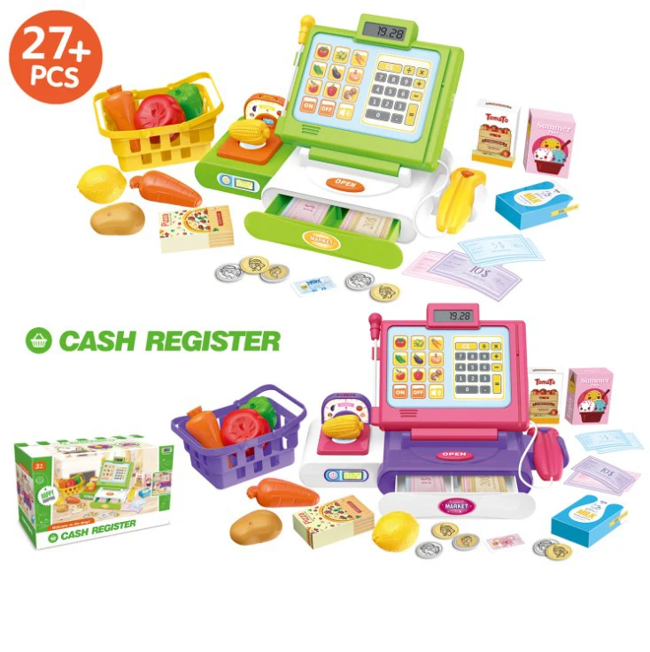 DIY Pretend multi-function intelligent shopping supermarket fruit scan cash register toy set with microphone