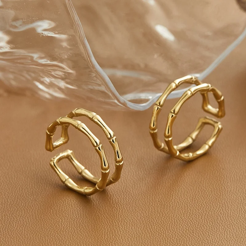 Japanese Style Light Luxury Adjustable Bamboo Double Layered Ring with Simple INS Fashion and Versatile Ring for Women