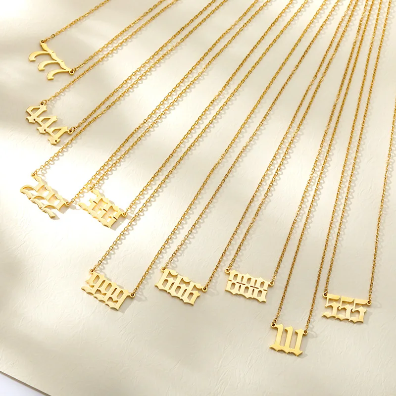 Old English Angel & Number Necklace 111 222  444 666 777 888 999  Numerology Jewelry for Women 18K Gold Plated Stainless Steel