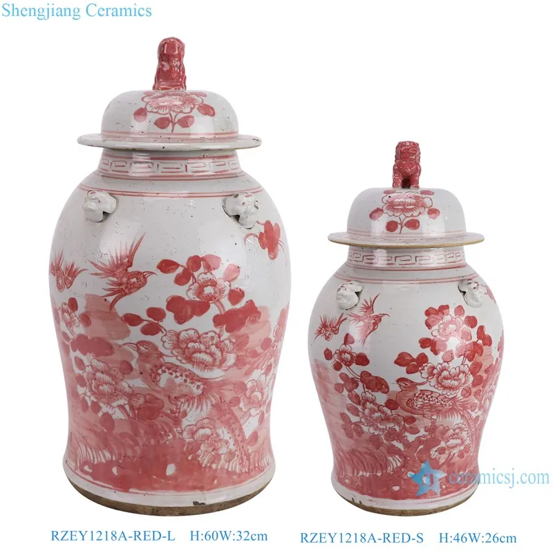 RZEY1218A-RED-S-L Jingdezhen Red and White Hand painted Flower and Bird with Lion Head  Porcelain Ginger Jar Urns