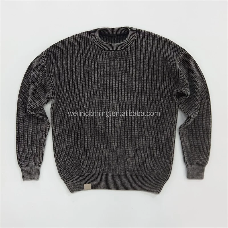 Custom winter pullover discharge dyed vintage fade washed sweater for men