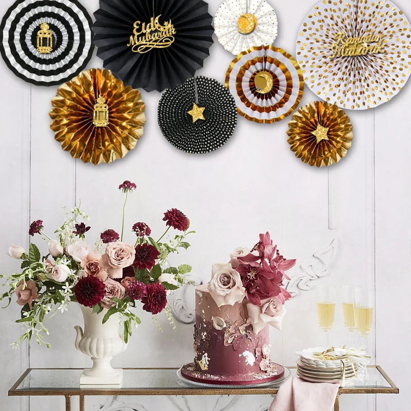 Eid Mubarak Ramadan Decorations 2023  Paper Fan With Moon Star Letter Gold Color DIY Muslim Islamic Party Decoration