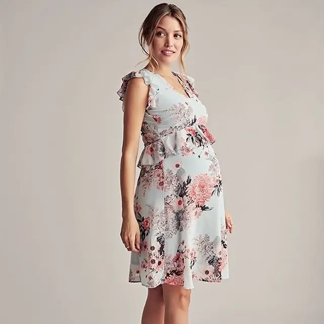 
New Flower Maternity Dress Printed Round Neck Flying Sleeve Big Sleeve Maternity Dress 