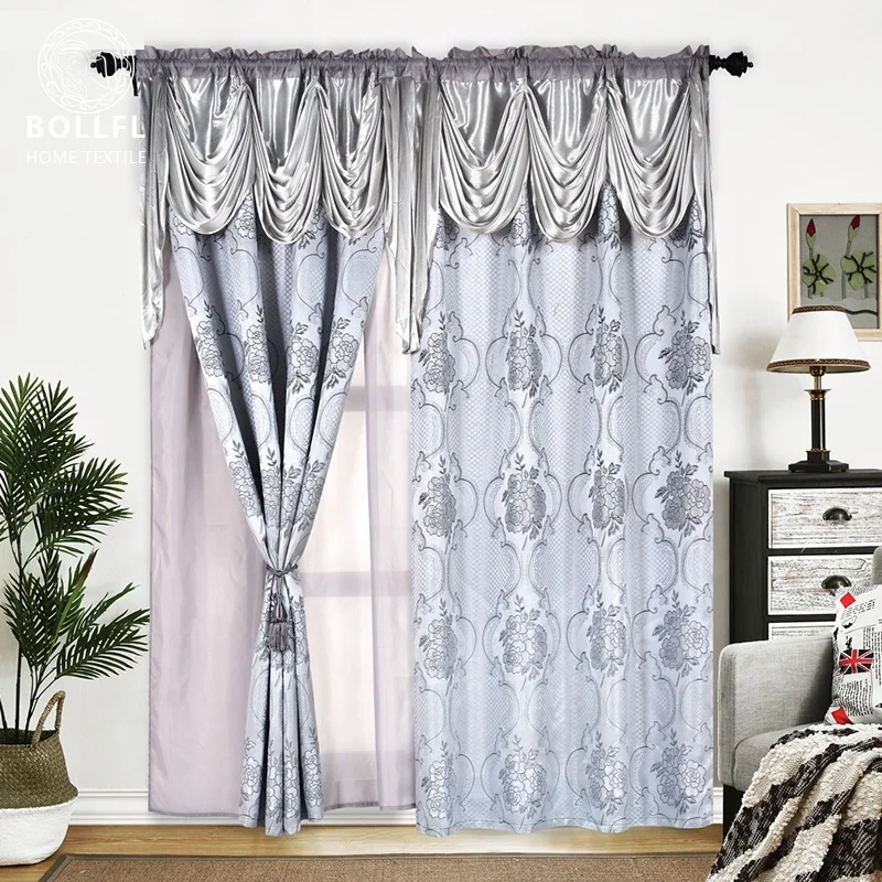 Burgundy Color Design  Shiny Fancy Jacquard Curtain with Attach Valance Accept Customization