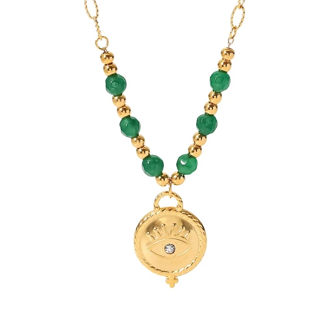 Wholesale fashion jewelry 18k gold plated stainless steel moon sun pendant gold medallion coin necklace with beaded chain