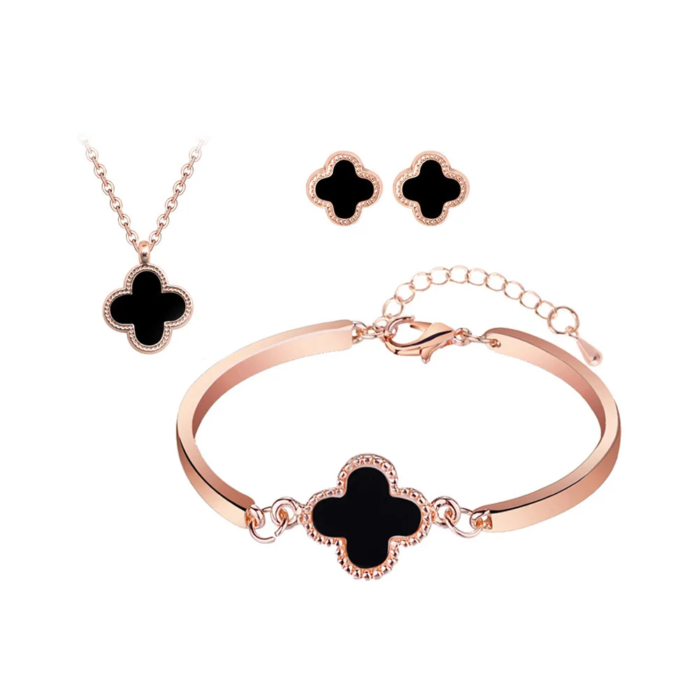 Korean Women Four-leaf Clover Jewelry Set Fashion Bracelet, Earrings And Necklace Three-piece Set