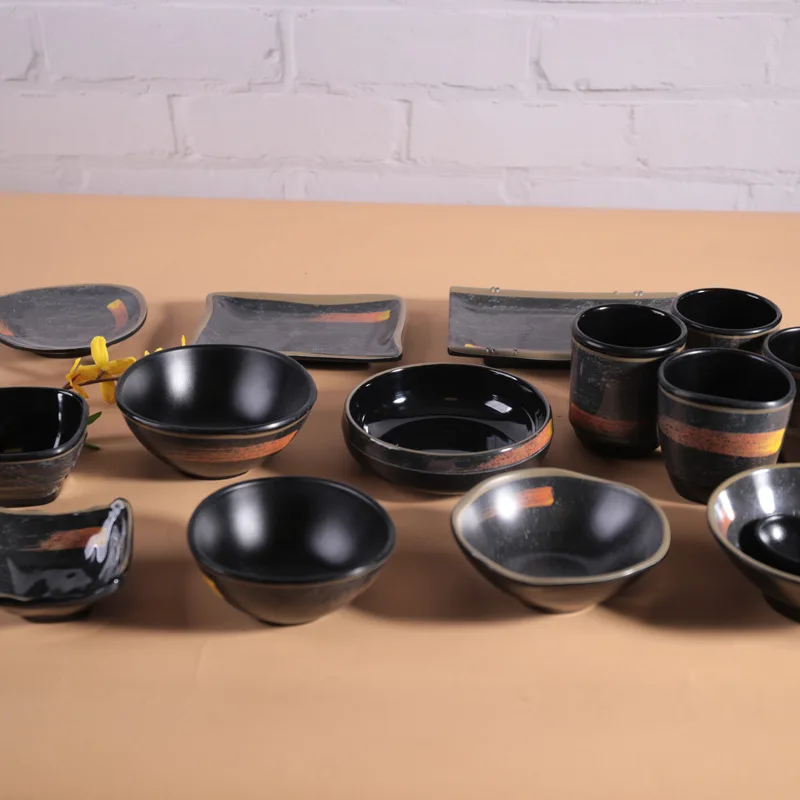 Wholesale Japanese style Matt black dinnerware sushi plate melamine dinner set for