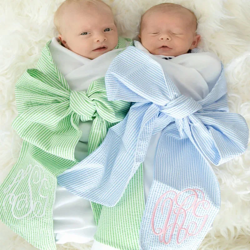 Custom Swaddle Blankets Wholesale Decoration Monogram Striped Seersucker  Baby Bow For Swaddle