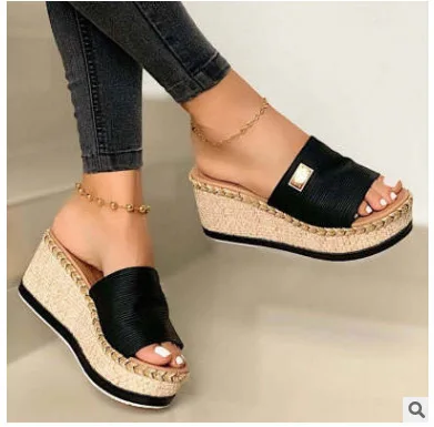 Women Shoes Beach Non Slip Thick Platform Slides Slippers New Clogs Increase Chunky Height Woven Wedges Sandals