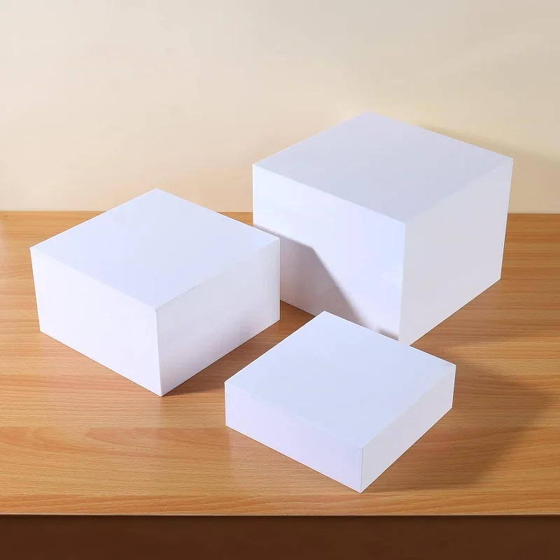 Set of 3 Glossy white Acrylic Cube Display  Risers with Hollow Bottoms for display only