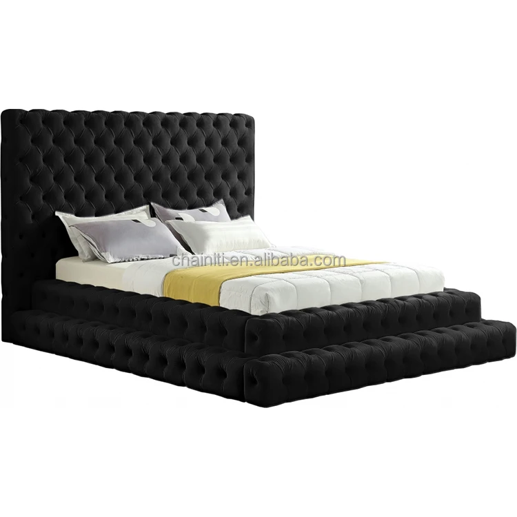 New Design Upholstered Velvet Fabric Bedroom Queen  Bed Chainiti Factory Modern Home Furniture King Bed