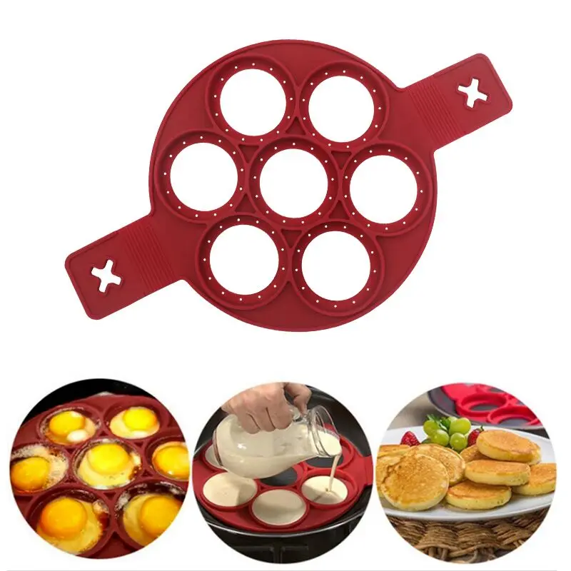 Food Grade High Quality 7 Hole Non-Stick Breakfast Pancake Rings Round Shape Novelty Silicone Fried Egg Mold For Making Cake