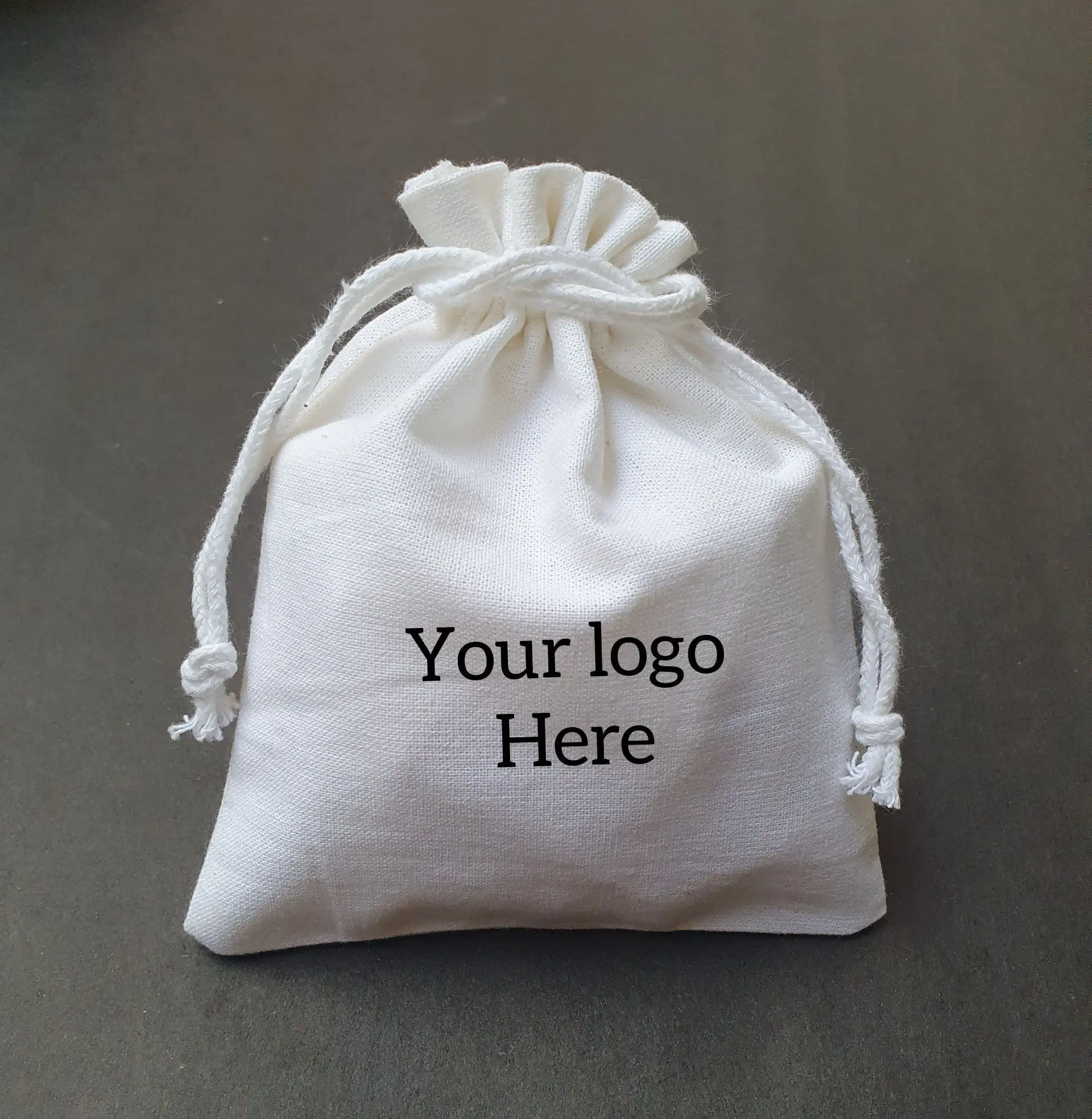 Custom personalized logo drawstring ribbon dusty pouch jewelry canvas cotton gift bag with ribbon