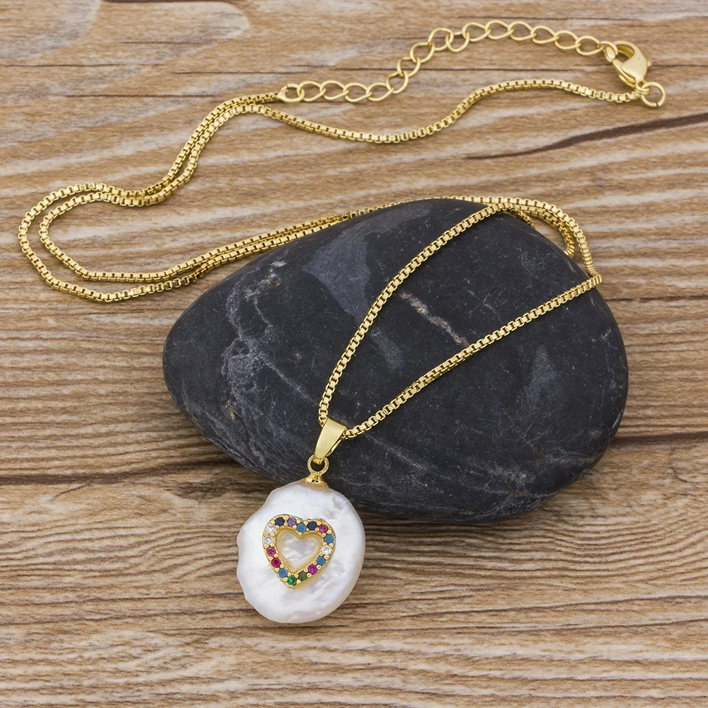 Fashion Colorful CZ Paved Tiny Heart Charm Freshwater Pearl Coin Gold Chain Chic Pendant Choker Necklace For Women Jewelry