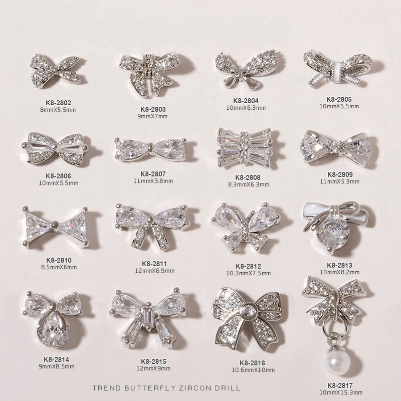 1PC Minimalist Zircon Bow Butterfly Nail Art Charms Pearl Pendant Chain 3D Alloy Jewelry Nail Decorations