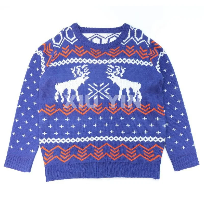 
Ugly Christmas sweater 100% Acrylic blue color Jacquard cardigans of reindeer Winter thick sweater Christmas gift. 