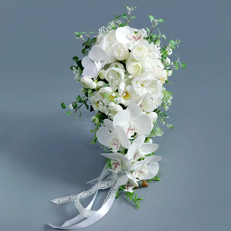 Bridal Bouquet White Artificial Rose and Orchid Wedding Bouquet