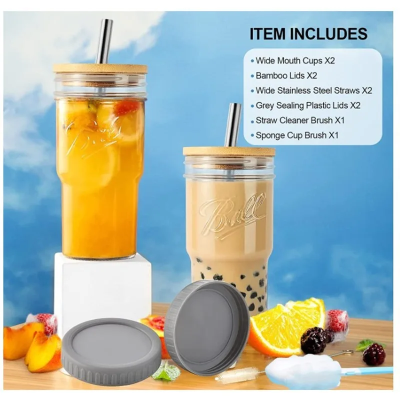New Arrival 24oz clear frosted glass coffee beer Mug Cup with Bamboo Lids and plastic straw
