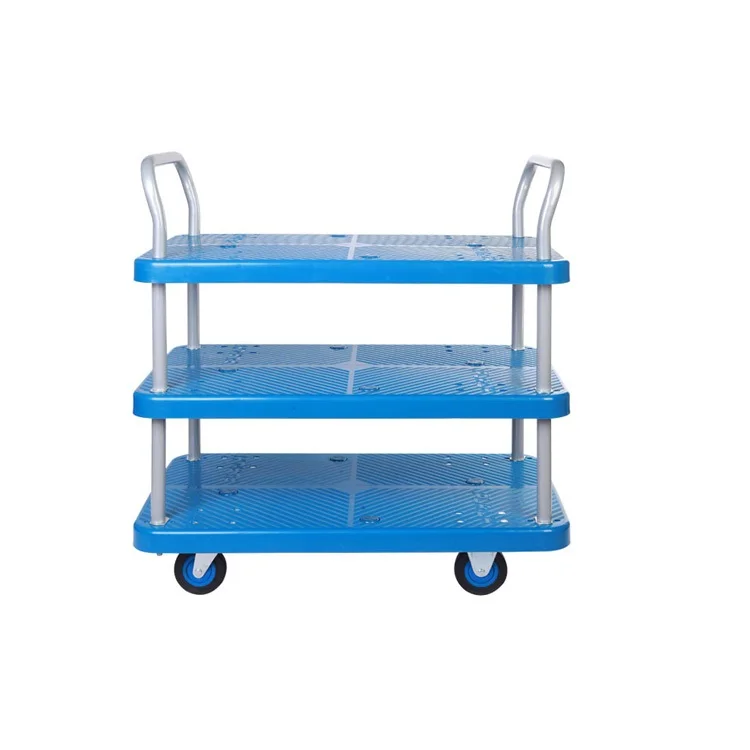 Uni-Silent 200kgs Plastic Hand Pull Cart 3 Tiers Tool Platform Trolley with Handles PLA200T-T3-D