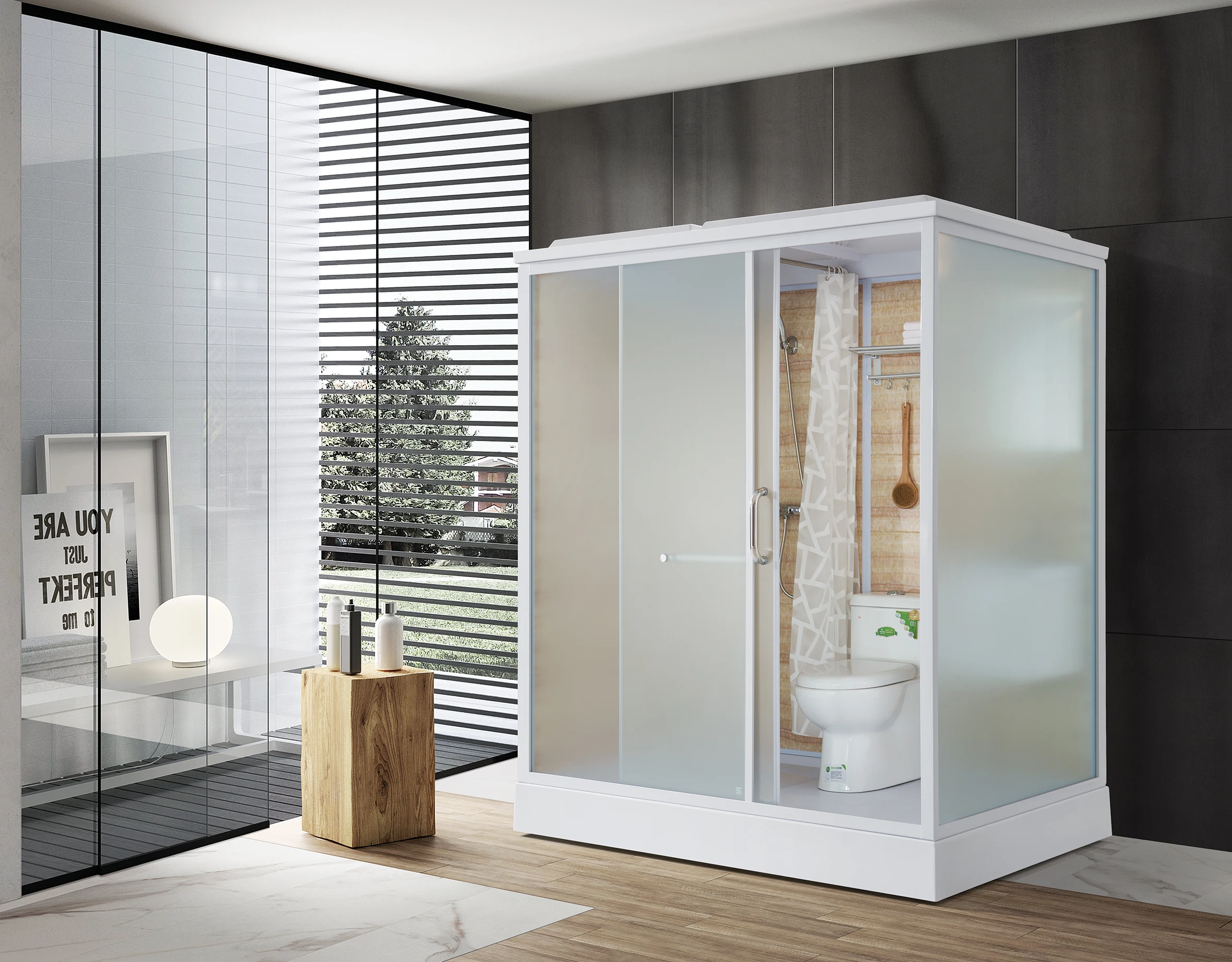 Deluxe Portable Prefabricated Modular Bathroom Pod with Simple Design Square Corner One-Piece Shower Unit Toilet Included