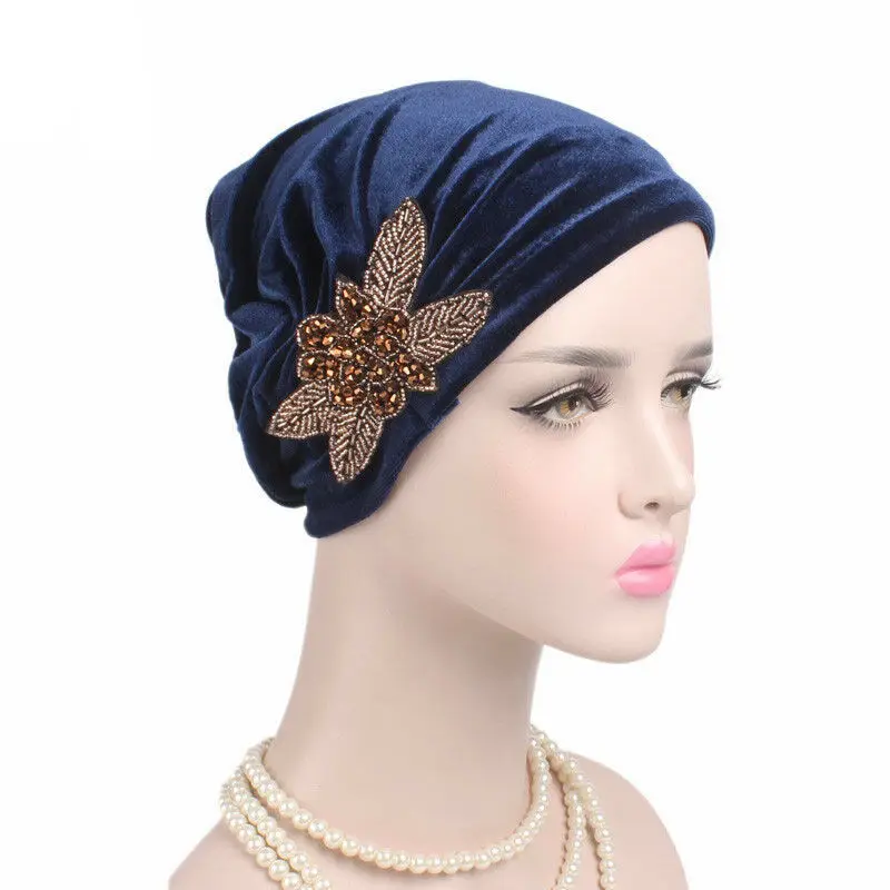 
Muslim Womens Velvet Hand Beaded Turban Cap India Chemo Wrap Headwear Beanie Hat 
