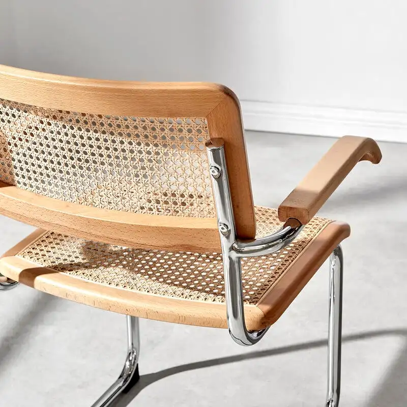 Marcel Breuer Cesca Replica Indoor Furniture Natural Rattan  Chrome  Frame Wooden Cantilever Dining Chairs With Arms