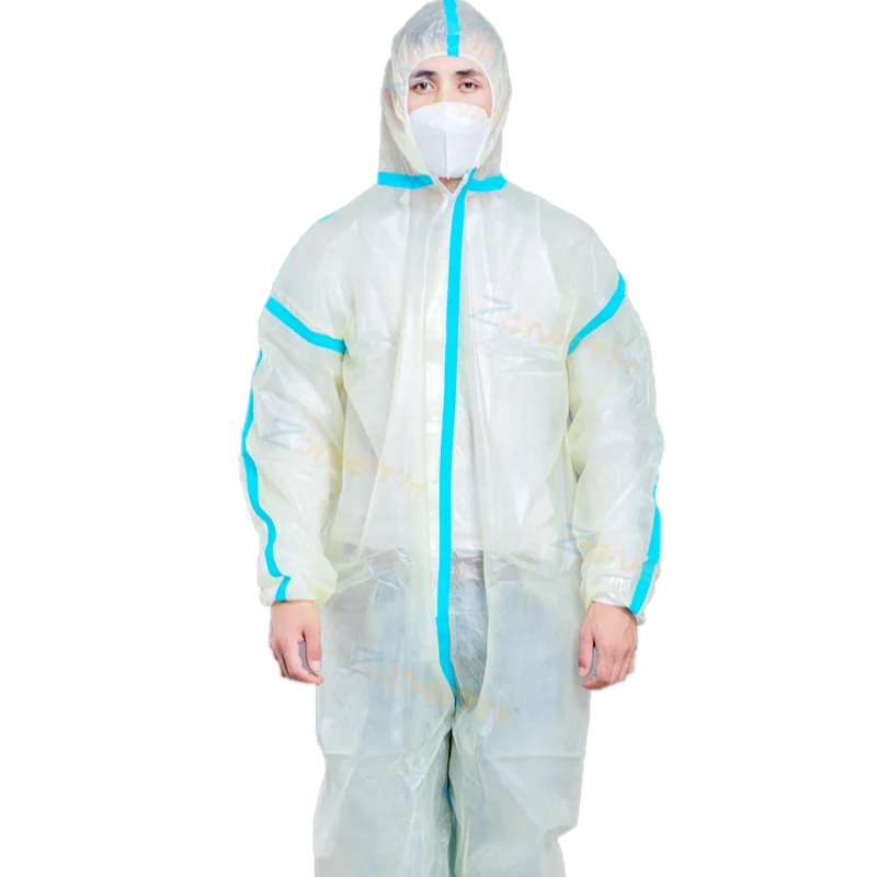 Manufacturer PP/PE Coating Nonwoven Disposable Coverall with Blue Taping Cheap Price 37GSM Yellow Coverall