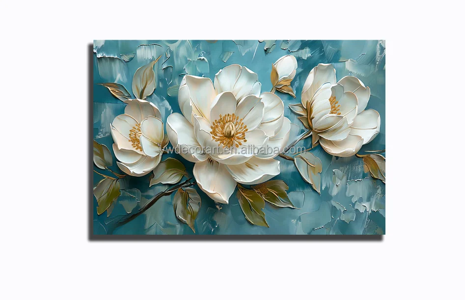 Custom Modern White Flower Canvas Painting Stereoscopic Style Framed Wall Art for Home Living Room Decor